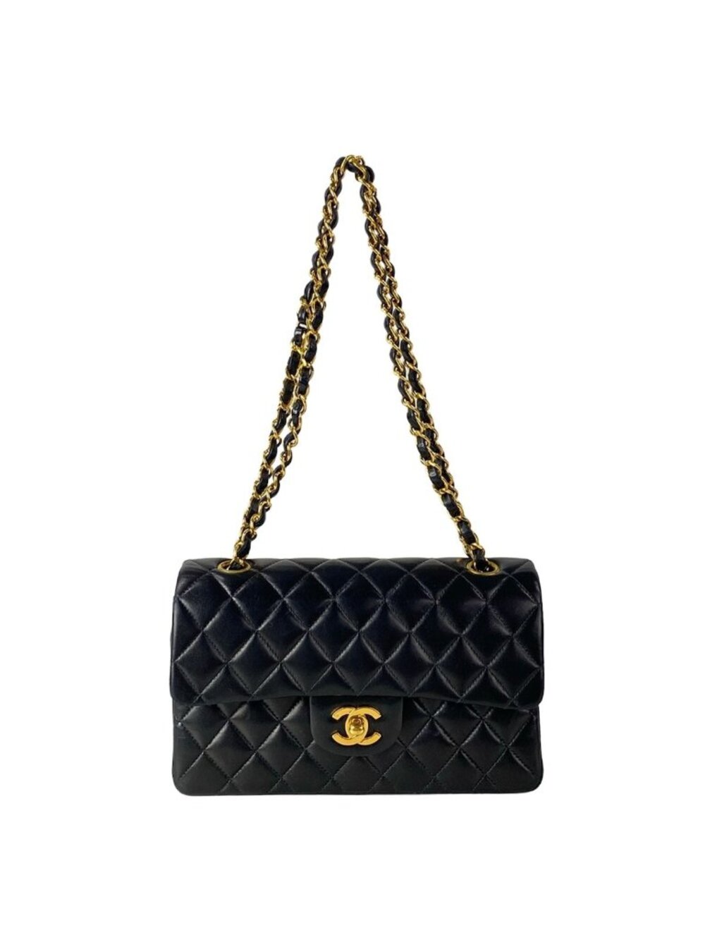 Chanel Shoulder Bag Double Flap Quilted Black Chain Gold Lambskin